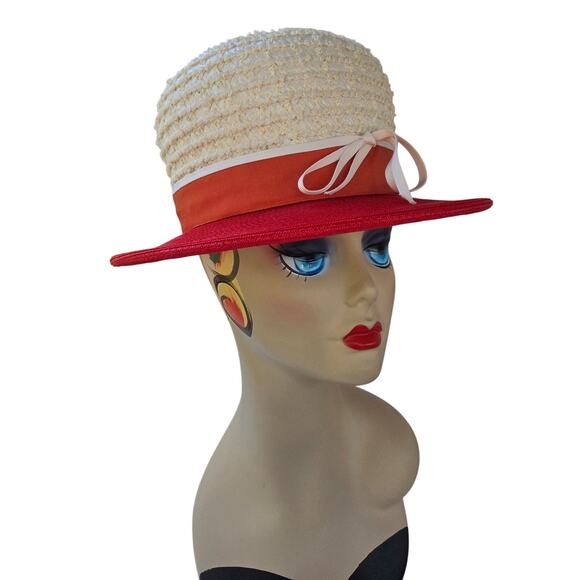 1960s VIVI by Elite Red & Cream Straw Mod Derby Hat | Bowler Boater - Picture 7 of 13